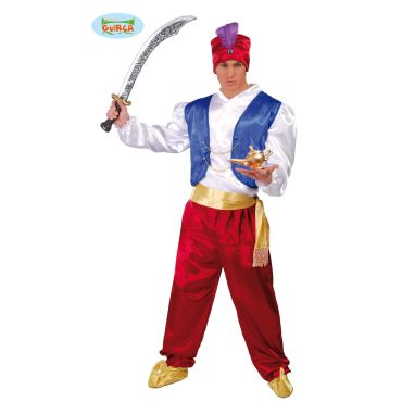 Déguisement homme Aladin avec gilet bleu, pantalon rouge et turban oriental, idéal pour carnaval et soirées à thème. Déguisement homme Aladin avec gilet bleu, pantalon rouge et turban oriental, idéal pour carnaval et soirées à thème.