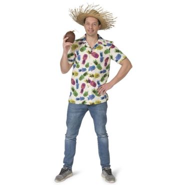 Déguisement chemise hawaïenne homme à ananas colorés, manches courtes, porté avec chapeau de paille et noix de coco à la main. Déguisement chemise hawaïenne homme à ananas colorés, manches courtes, porté avec chapeau de paille et noix de coco à la main.
