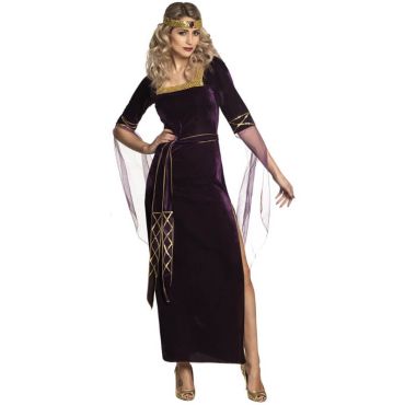 Déguisement médiéval Lady Eleanor pour femme avec robe violette à manches en voile, ceinture dorée et couronne assortie, vue de face. Déguisement médiéval Lady Eleanor pour femme avec robe violette à manches en voile, ceinture dorée et couronne assortie, vue de face.