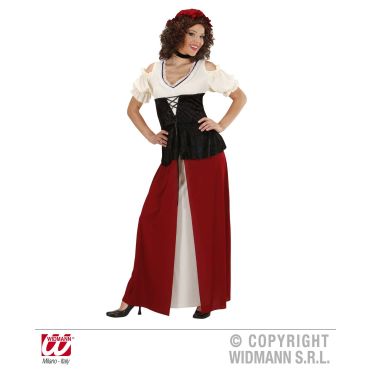 Déguisement de tavernière médiévale pour femme avec robe longue rouge et blanche, corset noir et manches bouffantes, coiffée d’un bonnet rouge. Déguisement de tavernière médiévale pour femme avec robe longue rouge et blanche, corset noir et manches bouffantes, coiffée d’un bonnet rouge.