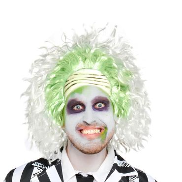 Homme déguisé en Beetlejuice avec perruque blanche et verte ébouriffée pour Halloween | jourdefete.com Homme déguisé en Beetlejuice avec perruque blanche et verte ébouriffée pour Halloween | jourdefete.com