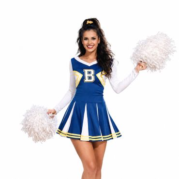 Femme souriante portant un déguisement de pom-pom girl bleu et blanc | jourdefete.com Femme souriante portant un déguisement de pom-pom girl bleu et blanc | jourdefete.com