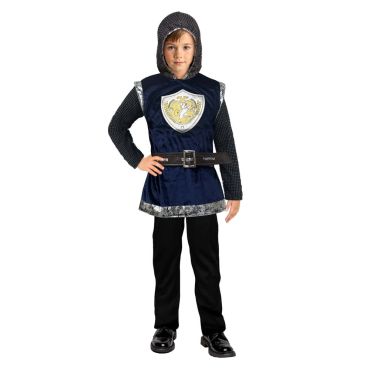 Enfant déguisé en chevalier avec tunique bleue et capuche côte de maille | jourdefete.com