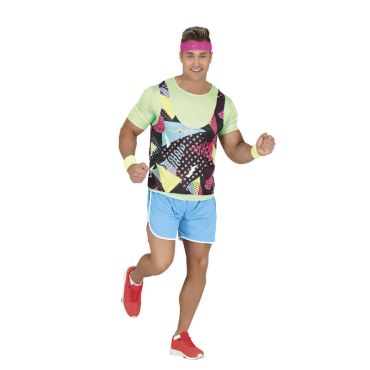 Homme déguisé en gymnaste des années 80 avec short bleu, t-shirt vert fluo, débardeur à motifs colorés et bandeau rose, en position de course. Homme déguisé en gymnaste des années 80 avec short bleu, t-shirt vert fluo, débardeur à motifs colorés et bandeau rose, en position de course.