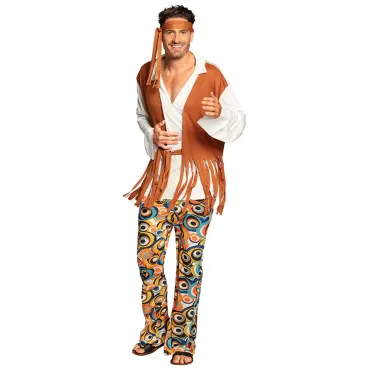 Déguisement hippie homme taille unique avec pantalon psychédélique et gilet à franges | jourdefete.com