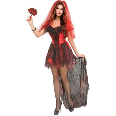 Femme déguisée en mariée rouge et noire gothique pour Halloween, avec voile | jourdefete.com Femme déguisée en mariée rouge et noire gothique pour Halloween, avec voile | jourdefete.com