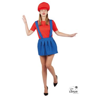 Femme en déguisement de plombier rouge et bleu avec casquette | jourdefete.com Femme en déguisement de plombier rouge et bleu avec casquette | jourdefete.com