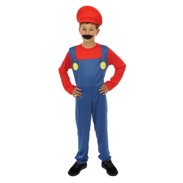 Enfant déguisé en plombier rouge et bleu avec casquette et moustache | jourdefete.com Enfant déguisé en plombier rouge et bleu avec casquette et moustache | jourdefete.com