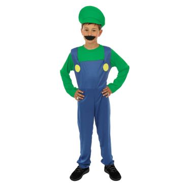 Enfant déguisé en plombier vert et bleu avec moustache noire et casquette | jourdefete.com Enfant déguisé en plombier vert et bleu avec moustache noire et casquette | jourdefete.com