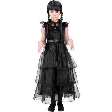 Fille déguisée avec une robe noire façon Mercredi Addams pour Halloween | jourdefete.com Fille déguisée avec une robe noire façon Mercredi Addams pour Halloween | jourdefete.com
