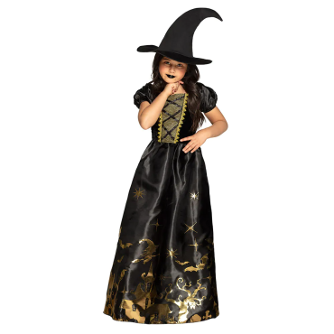 Fille portant un déguisement de sorcière d'Halloween noir avec des motifs dorés brillants et un chapeau pointu | jourdefete.com