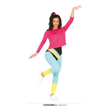 Femme déguisée en danseuse ou coach de fitness des années 80, portant un legging coloré bleu et jaune, un haut rose fluo et une coiffure haute avec chouchou assorti. Femme déguisée en danseuse ou coach de fitness des années 80, portant un legging coloré bleu et jaune, un haut rose fluo et une coiffure haute avec chouchou assorti.