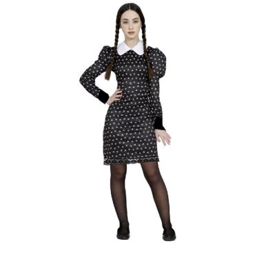 Une belle robe noire à motifs de fille macabre pour que votre ado incarne Mercredi Addams | jourdefete.com Une belle robe noire à motifs de fille macabre pour que votre ado incarne Mercredi Addams | jourdefete.com