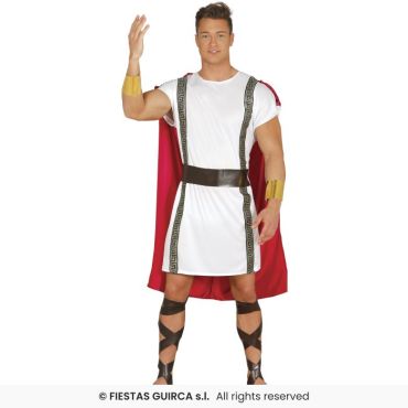 Déguisement homme guerrier romain avec tunique blanche, cape rouge et accessoires dorés Déguisement homme guerrier romain avec tunique blanche, cape rouge et accessoires dorés