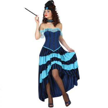 Femme déguisée en danseuse de cabaret, portant une robe bustier bleue à volants, style western burlesque avec résille noire. Femme déguisée en danseuse de cabaret, portant une robe bustier bleue à volants, style western burlesque avec résille noire.