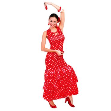 Femme déguisée en danseuse flamenco andalouse avec robe rouge à pois blancs et volants. Femme déguisée en danseuse flamenco andalouse avec robe rouge à pois blancs et volants.