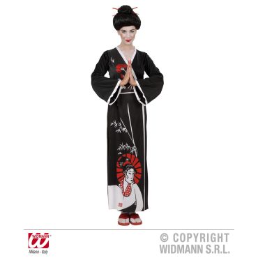 Déguisement de geisha noire pour femme avec motifs rouges et blancs, kimono élégant à manches longues Déguisement de geisha noire pour femme avec motifs rouges et blancs, kimono élégant à manches longues