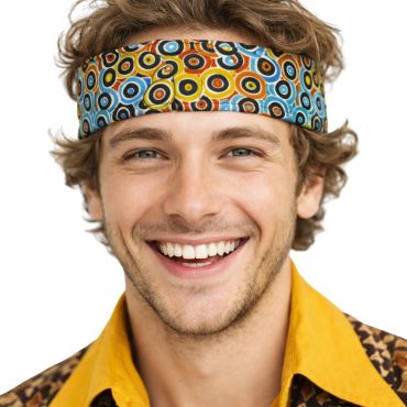 Bandeau disco années 70 à motifs bulles multicolores porté sur la tête | jourdefete.com Bandeau disco années 70 à motifs bulles multicolores porté sur la tête | jourdefete.com