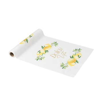 Chemin de table Dolce Vita tissu blanc, jaune et or 28 cm x 5 m | jourdefete.com Chemin de table Dolce Vita tissu blanc, jaune et or 28 cm x 5 m | jourdefete.com