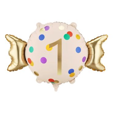 Ballon anniversaire aluminium en forme de bonbon avec pois multicolores et bordures dorées | jourdefete.com Ballon anniversaire aluminium en forme de bonbon avec pois multicolores et bordures dorées | jourdefete.com