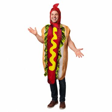 Homme joyeux écartant les bras et portant un déguisement humoristique en forme de hot-dog avec de la fausse moutarde | jourdefete.com Homme joyeux écartant les bras et portant un déguisement humoristique en forme de hot-dog avec de la fausse moutarde | jourdefete.com