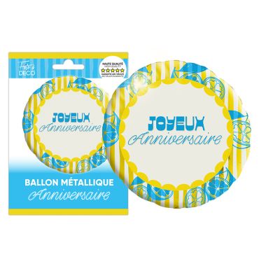 Ballon métallique rond Joyeux Anniversaire motif citrons bleus et jaunes thème Lemon | jourdefete.com Ballon métallique rond Joyeux Anniversaire motif citrons bleus et jaunes thème Lemon | jourdefete.com