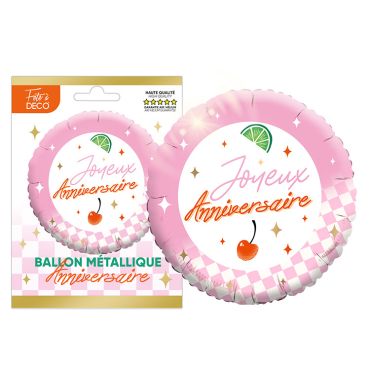 Ballon métallique rond à damier rose et blanc avec motifs cerise et citron vert Joyeux Anniversaire Rétro Pop | jourdefete.com