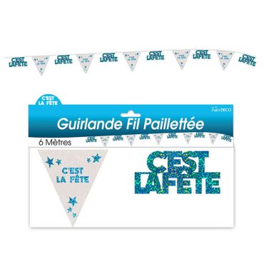 Guirlande pailletée d’anniversaire "C'est la fête" - Turquoise et argenté Guirlande pailletée d’anniversaire "C'est la fête" - Turquoise et argenté