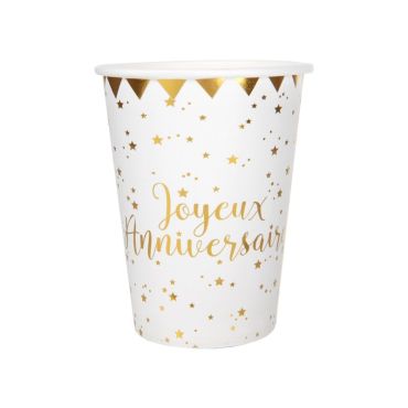 10 Gobelets "Joyeux Anniversaire" - Blanc / Or 10 Gobelets "Joyeux Anniversaire" - Blanc / Or