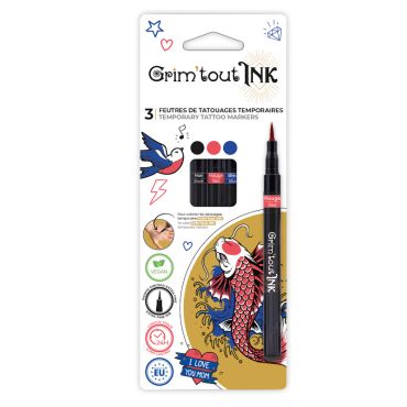 Pack de 3 feutres tatouages temporaires Grim'tout Ink (Noir, Rouge, Bleu) | jourdefete.com Pack de 3 feutres tatouages temporaires Grim'tout Ink (Noir, Rouge, Bleu) | jourdefete.com