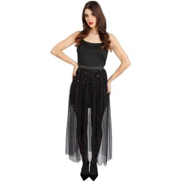 Jupe longue transparente en tulle noir à paillettes violettes pour déguisement d'Halloween | jourdefete.com Jupe longue transparente en tulle noir à paillettes violettes pour déguisement d'Halloween | jourdefete.com