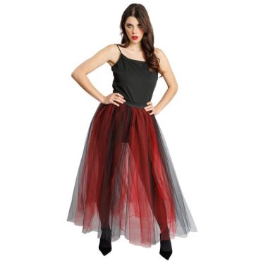 Femme portant une jupe longue bouffante en tulle rouge et noir pour un déguisement d'Halloween | jourdefete.com Femme portant une jupe longue bouffante en tulle rouge et noir pour un déguisement d'Halloween | jourdefete.com
