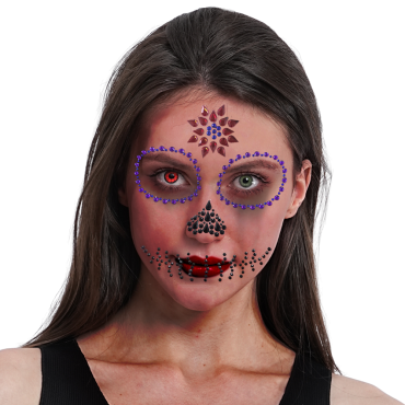 Bijoux adhésifs de visage Catrina violette avec strass autour des yeux et motif nez noir pour maquillage Halloween | jourdefete.com Bijoux adhésifs de visage Catrina violette avec strass autour des yeux et motif nez noir pour maquillage Halloween | jourdefete.com