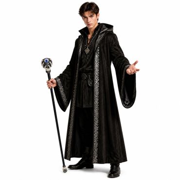 Jeune homme en cape de mage noir brandissant une canne de sorcier gothique de 87 cm avec griffes et globe oculaire pour Halloween | jourdefete.com