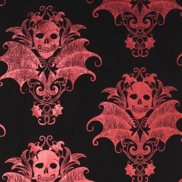 Chemin de table en velours noir avec motifs de têtes de mort baroques bordeaux pour décoration de table Halloween | jourdefete.com Chemin de table en velours noir avec motifs de têtes de mort baroques bordeaux pour décoration de table Halloween | jourdefete.com