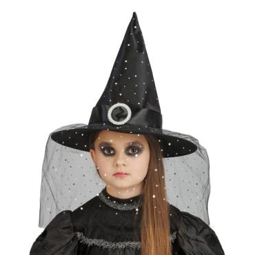 Chapeau de sorcière noir à boucle et paillettes avec voile pour enfant | jourdefete.com Chapeau de sorcière noir à boucle et paillettes avec voile pour enfant | jourdefete.com