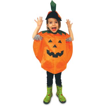 Enfant souriant portant un costume de citrouille orange d'Halloween avec un chapeau vert | jourdefete.com Enfant souriant portant un costume de citrouille orange d'Halloween avec un chapeau vert | jourdefete.com