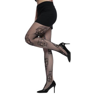 Collant résille noir motif tête de mort Halloween | jourdefete.com