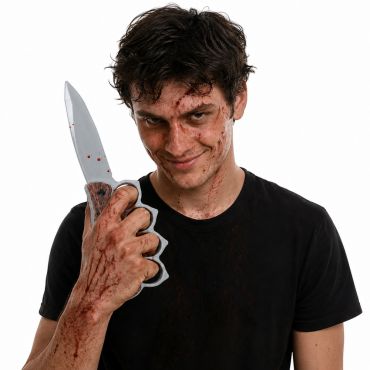 Jeune homme souriant couvert de sang et brandissant un couteau poing américain factice d'Halloween | jourdefete.com Jeune homme souriant couvert de sang et brandissant un couteau poing américain factice d'Halloween | jourdefete.com