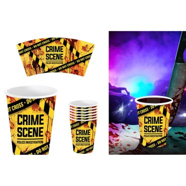 Gobelets en carton jaunes et noirs style ruban de police scientifique avec taches de sang pour buffet d'Halloween | jourdefete.com Gobelets en carton jaunes et noirs style ruban de police scientifique avec taches de sang pour buffet d'Halloween | jourdefete.com
