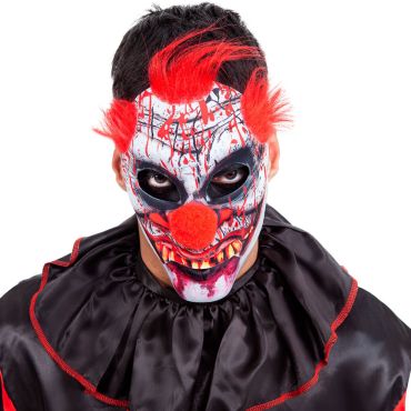 Demi-masque de clown sanglant et maléfique avec cheveux rouges pour déguisement d'Halloween | jourdefete.com
