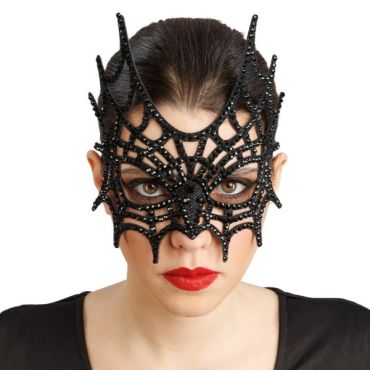 Femme portant un loup noir en forme de toile d'araignée scintillante avec des strass pour Halloween | jourdefete.com Femme portant un loup noir en forme de toile d'araignée scintillante avec des strass pour Halloween | jourdefete.com