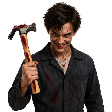 Homme souriant avec combinaison et marteau ensanglanté accessoire Halloween | jourdefete.com Homme souriant avec combinaison et marteau ensanglanté accessoire Halloween | jourdefete.com