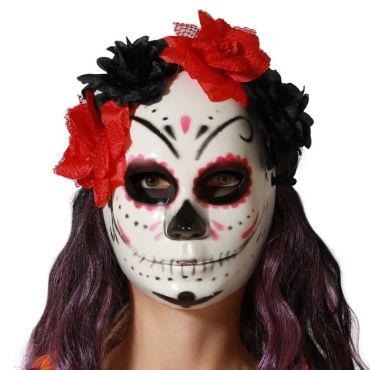 Masque Dia de los Muertos avec fleurs rouges et noires pour Halloween | jourdefete.com Masque Dia de los Muertos avec fleurs rouges et noires pour Halloween | jourdefete.com