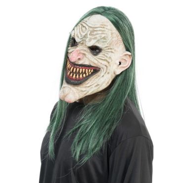 Masque d'Halloween réaliste en latex avec grand sourire sadique aux dents pointues et longs cheveux verts de monstre | jourdefete.com