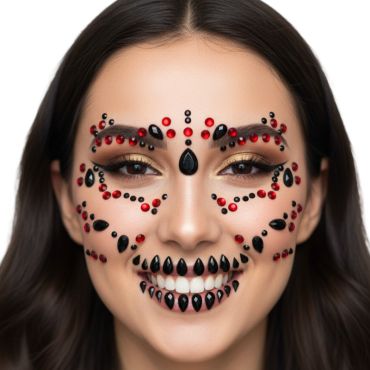Maquillage femme avec strass de visage adhésifs Dia de los Muertos rouges et noirs | jourdefete.com Maquillage femme avec strass de visage adhésifs Dia de los Muertos rouges et noirs | jourdefete.com