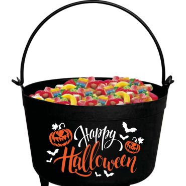 Grand chaudron noir de sorcière rempli de bonbons avec l'inscription Happy Halloween et des motifs de citrouilles | jourdefete.com Grand chaudron noir de sorcière rempli de bonbons avec l'inscription Happy Halloween et des motifs de citrouilles | jourdefete.com
