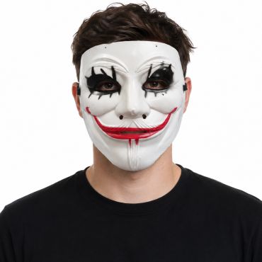 Homme portant un masque blanc de clown effrayant style hacker pour Halloween | jourdefete.com Homme portant un masque blanc de clown effrayant style hacker pour Halloween | jourdefete.com