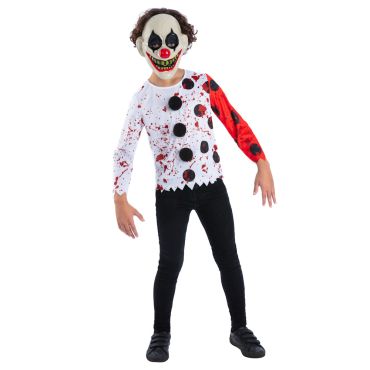 Enfant vêtu du kit déguisement halloween avec top ensanglanté et masque de clown tueur | jourdefete.com Enfant vêtu du kit déguisement halloween avec top ensanglanté et masque de clown tueur | jourdefete.com