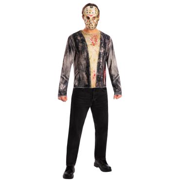 Homme en costume de tueur avec masque de hockey beige et t-shirt imprimé ensanglanté pour fête d'épouvante | jourdefete.com Homme en costume de tueur avec masque de hockey beige et t-shirt imprimé ensanglanté pour fête d'épouvante | jourdefete.com
